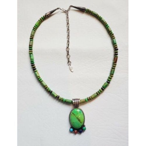 Native American Running Bear Sterling Silver Green Turquoise Pendant Necklace
